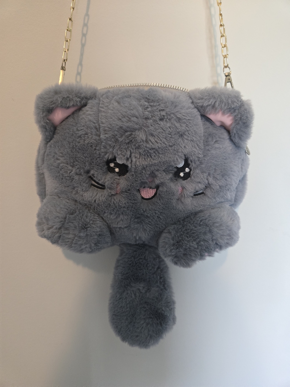 Plush Grey Cat Kids Crossbody Bag with Chain Strap